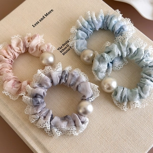 French Style Artificial Pearl Lace Scrunchie Fabric Chiffon Hair Tie Vintage Sweet Marble Print Elastic Hair Band For Women Girls Fashion Accessories