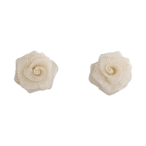 Elegant white mesh rose earrings with layered petals on a clean white background