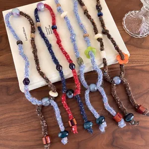 Vintage Handwoven Beaded Knit Necklace For Women Unique Design Yarn Sweater Chain Long Ethnic Handmade Jewelry Accessory