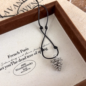 Detailed view of silver pinecone pendant with adjustable black cord in a jewelry box
