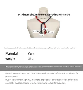 Detailed view of handmade knitted beaded necklace showing dimensions and yarn texture