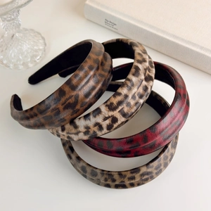 Women Vintage Leopard Print Padded Headband High Top Faux Leather Hair Band Fashion Elegant Hair Accessories For Daily Styling