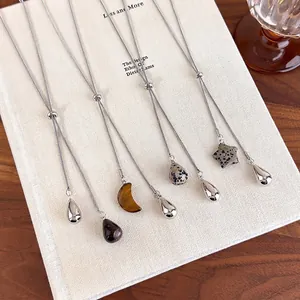 Stainless Steel Natural Stone Lariat Necklace Adjustable Snake Chain Teardrop Moon Star Pendant Long Sweater Necklace For Women