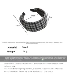 Detailed dimensions of black and grey plaid wool headband with rhinestone accents