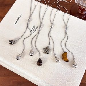 Tiger eye teardrop adjustable snake chain necklace with gold plated stone pendants
