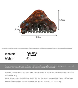 Detail view of acetate claw clip with 9.3cm length and 45g weight specifications