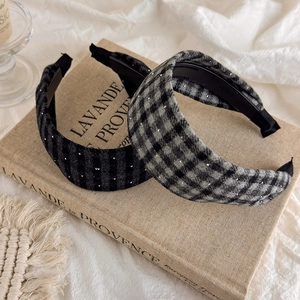 Vintage plaid headband with rhinestones in grey and white colors for women