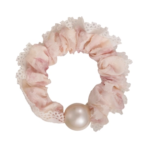 Pink floral scrunchie with lace edges and a large pearl accent for elegant hairstyles