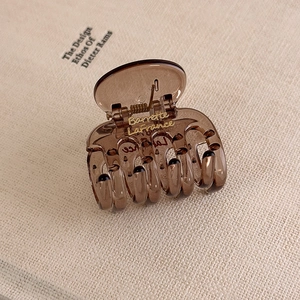 Dettaglio della pinza per capelli ambra con logo dorato Barrette LaFrance in acrilico