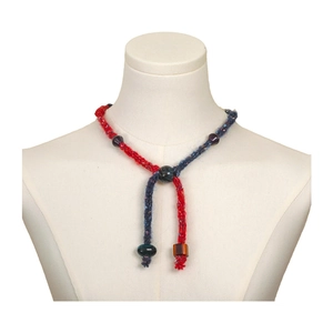 Vintage knitted beaded drawstring necklace with ethnic handcrafted mixed yarn design