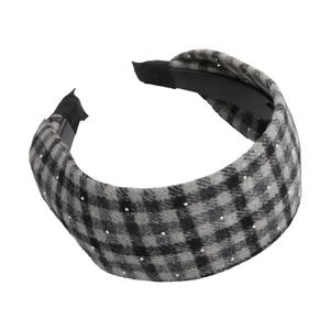 Vintage checkered hair hoop with rhinestones on wide headband for elegant women
