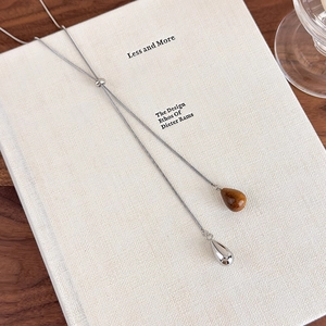 Adjustable snake chain sweater necklace with tiger eye stone and silver teardrop pendants