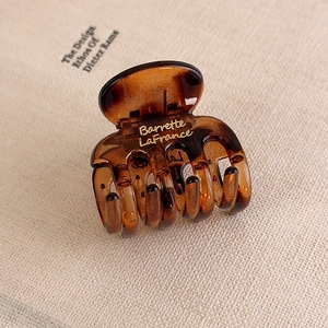 Dettaglio del fermaglio per capelli tartarugato ambra con scritta dorata Barrette LaFrance
