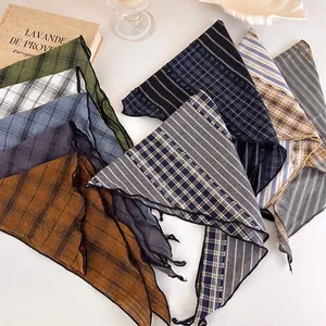 Retro Japanese Checkered Striped Triangle Headscarf For Women Korean Style Polyester Patchwork Hair Band Decorative Silk Scarf Accessory