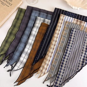 Japanese retro plaid and striped triangle headscarf for women, vintage cotton hair bandana