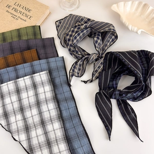 Retro plaid and striped headscarves in various colors with elegant black stitching