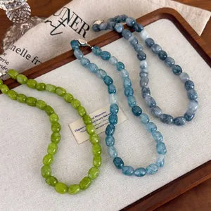 Vintage Natural Stone Beaded Necklace For Women Irregular Geometric Polished Stone Choker Neo-Chinese Style Jewelry Accessory
