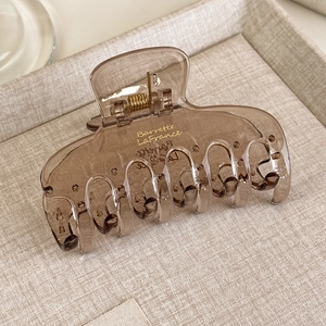 Dettaglio molletta per capelli ambra trasparente con scritta dorata Barrette LaFrance