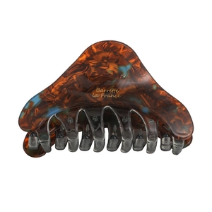 Vintage tortoiseshell acetate hair claw clip with blue marble accents and gold lettering