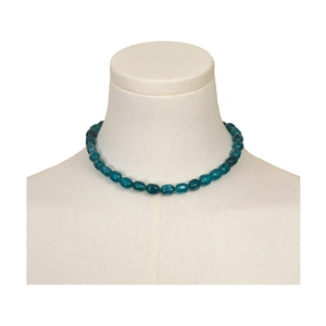 Minimalist blue natural stone beaded necklace with vintage clasp on model neck