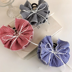 Large red, blue and black plaid hair claw clips with ruffles and pearl bows