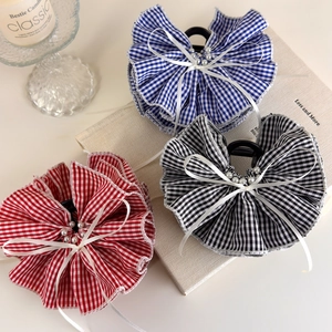 French vintage gingham hair claw clips with pearls and ribbon bows in red, blue, and black