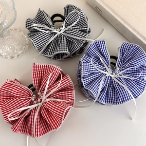 Large Fabric Gingham Bow Hair Claw Clip French Vintage Checkered Hairpin With Artificial Pearl Ribbon For Women Hair Accessories