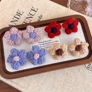 Handmade Crochet Woolen Flower Stud Earrings Mori Style Sweet Floral Taro Purple Blue Earrings With Copper Earring Post