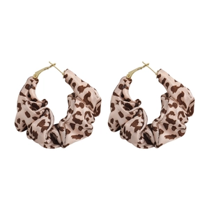 Chic leopard print fabric hoop earrings with elegant ruffles and gold plated metal