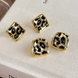 Vintage Leopard Geometric Stud Earrings Copper Gold Plated Square Trapezoid Elegant Animal Pattern Jewelry For Women