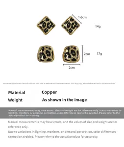Detailed size and weight specs for vintage leopard print gold rimmed copper earrings