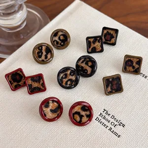Boucles d'Oreilles Clous Imprimé Léopard Vintage Tige en Cuivre Alliage Géométrique Rond Carré Fausse Fourrure Bijoux Femme