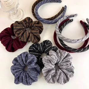 Vintage Knitted Striped Hair Scrunchie Elegant Woolen Yarn Headband Soft Autumn Winter Hair Ties Fashion Accessories For Women