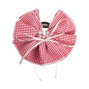 Large red checkered bow hair claw clip with faux pearls and white ribbon detail