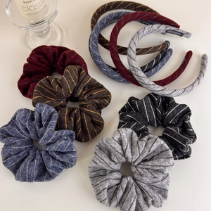 Knitted stripe hair accessories set including four scrunchies and four matching headbands