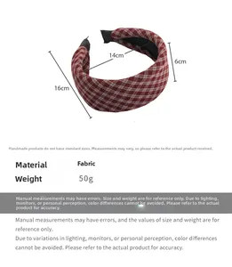 Detailed size chart of red plaid sponge headband showing 6cm width and 16cm diameter