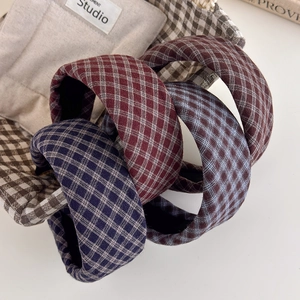 Thick vintage plaid headband set in red and navy blue fabric for autumn winter style