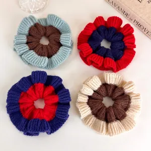 Korean Style Color Block Knitted Woolen Yarn Scrunchies Oversized Elastic Hair Ties Autumn Winter Elegant Hair Accessories