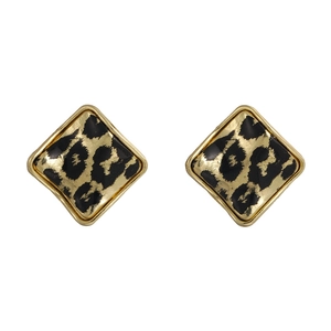 Macro shot of vintage leopard print square stud earrings with elegant golden alloy frames