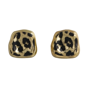 Vintage leopard print irregular geometric stud earrings with gold frames on white background
