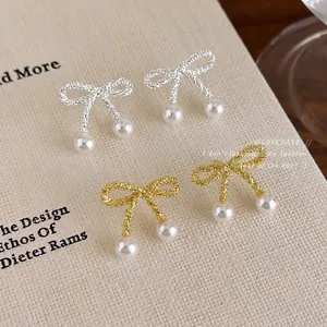 Elegant Bowknot Stud Earrings Textured Copper Imitation Artificial Pearl Inlaid Korean Style Exquisite High-end Ear Jewelry For Women Daily Dating Accessory