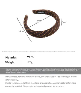 Detailed size specifications for a brown striped knitted sponge headband with 3cm thickness