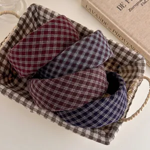 Retro vintage plaid padded headbands in burgundy blue brown and navy blue four-pack set