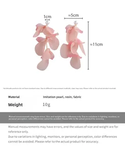 Detailed size view of pink flower tassel earrings showing 11cm length and 5cm width