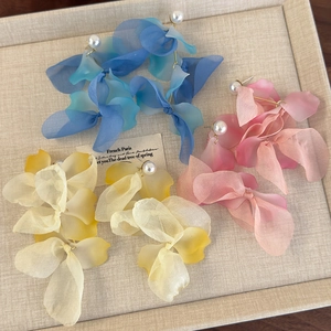 Elegant floral pearl earrings set with blue pink and yellow silk petals in French style