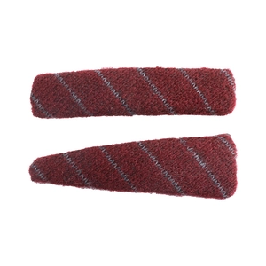 2-piece set of plush knit burgundy hair clips with grey diagonal striped pattern