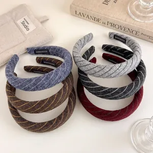 Women Elegant Knitted Striped Padded Headband Wide Brim Sponge Hair Hoop Retro Diagonal Pattern Autumn Winter Hair Accessories