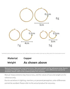 Size chart for gold hoop earrings in 3cm, 4cm, and 5cm diameters with matte frosted finish