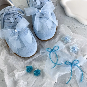 Boucles de Chaussures Nœud en Organza Bleu Bijoux de Chaussures Strass Künstliche Perle pour Baskets Sandales Accessoires DIY Femme