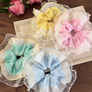 Chouchous en Tissu de Style Coréen Doux Avec Bord en Dentelle à Pois Attaches de Cheveux en Maille Plissée Élégantes pour Femmes